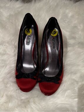 Unlisted Red Satin Pumps with Black Bow Accent